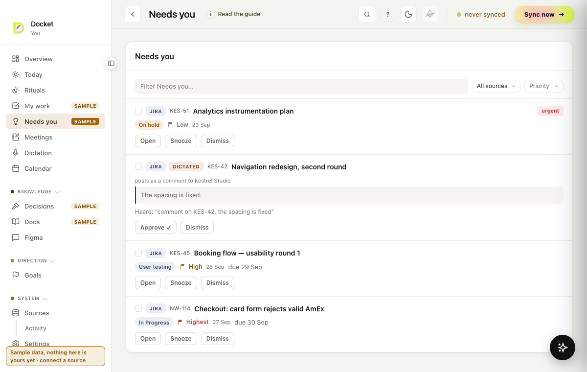 A card tagged Dictated in Needs you: the comment it will post, the account, what was heard, and Approve and Dismiss.