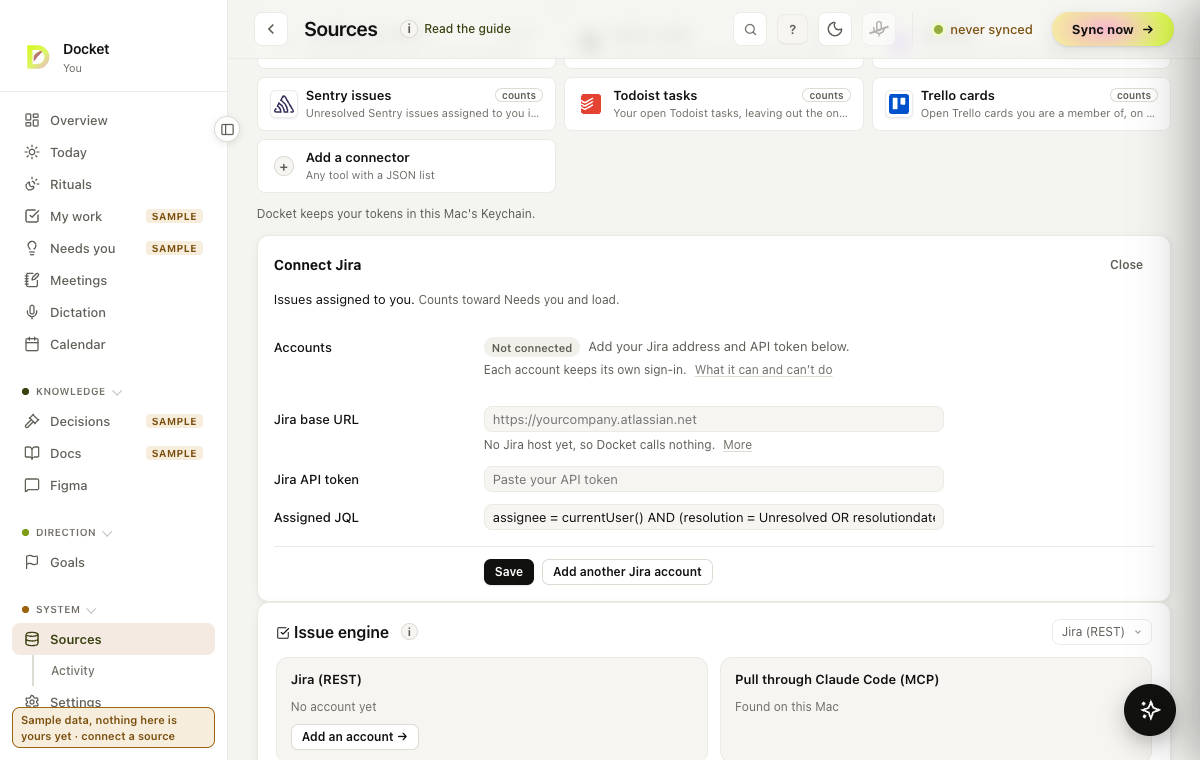 Docket’s Sources page with the Connect Jira drawer open: a Jira base URL field, an API token field and a Save button, under the library of connectors.