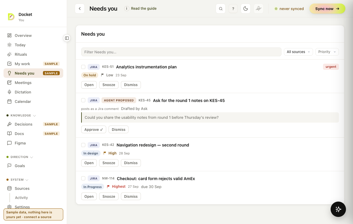 Needs you with sample work: Jira cards with status, priority and date, an urgent card at the top, and a proposal drafted by Ask with Approve and Dismiss.