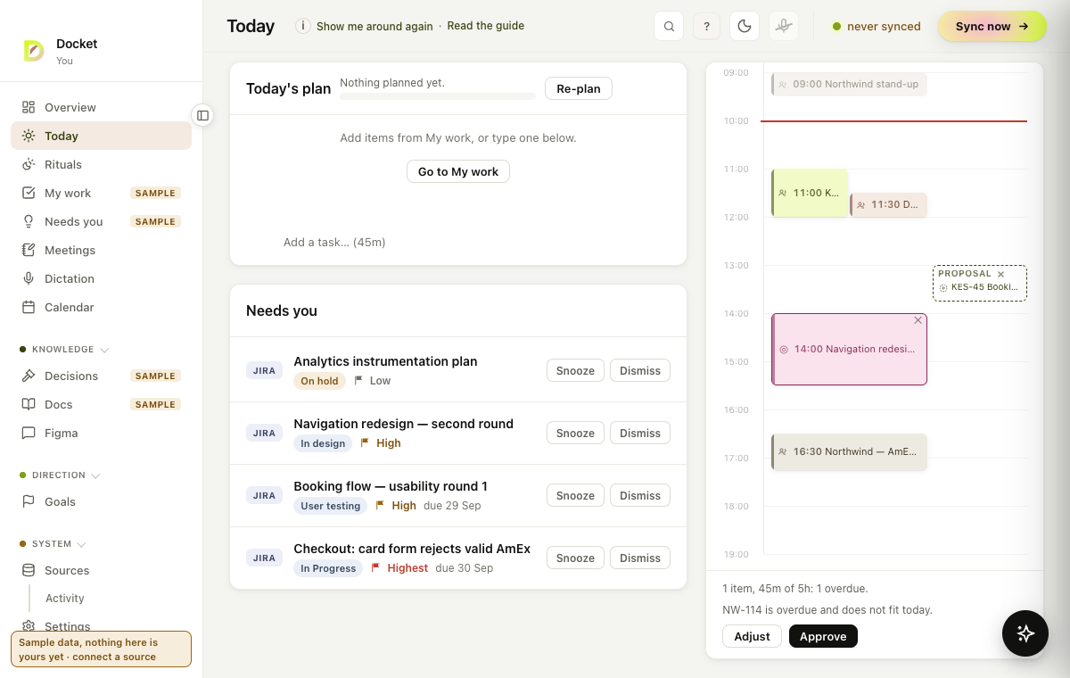 Today after Plan my day: a dashed proposal on the Day canvas, with Adjust and Approve under it.