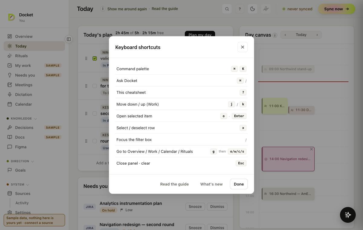 The keyboard shortcuts sheet, with Read the guide and What’s new in its foot.
